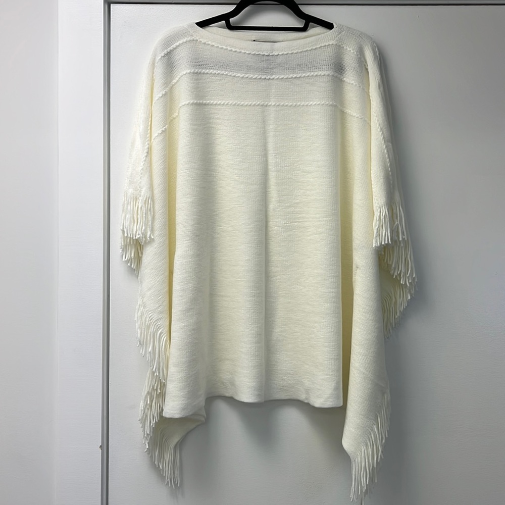 Layers by Lizden Women’s Sweater Cape Shawl white fringe- missy one size